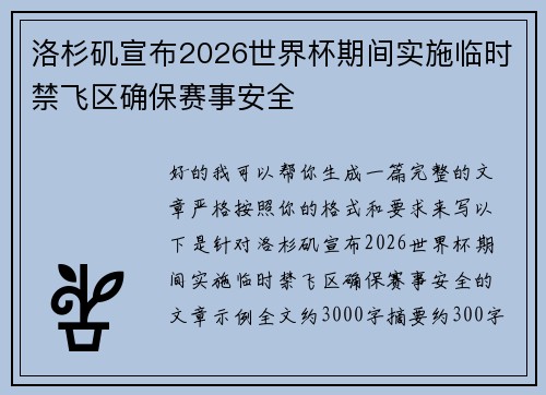洛杉矶宣布2026世界杯期间实施临时禁飞区确保赛事安全
